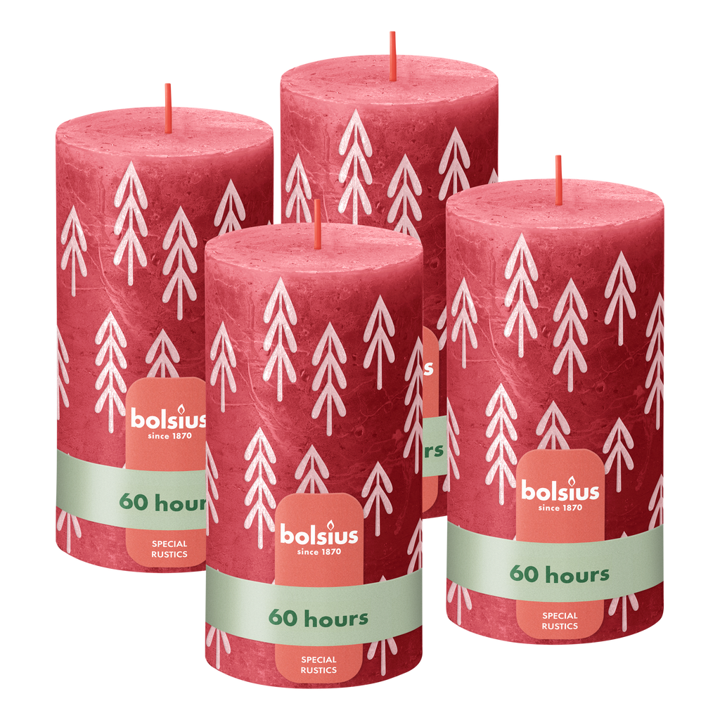 Bolsius - Rustieke kaars - 4 Stuks - Rood met print - 13cm - Kerst patroon