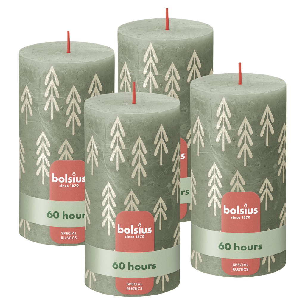 Bolsius - Rustieke kaars - 4 Stuks - Groen met print - 13cm - Kerst patroon
