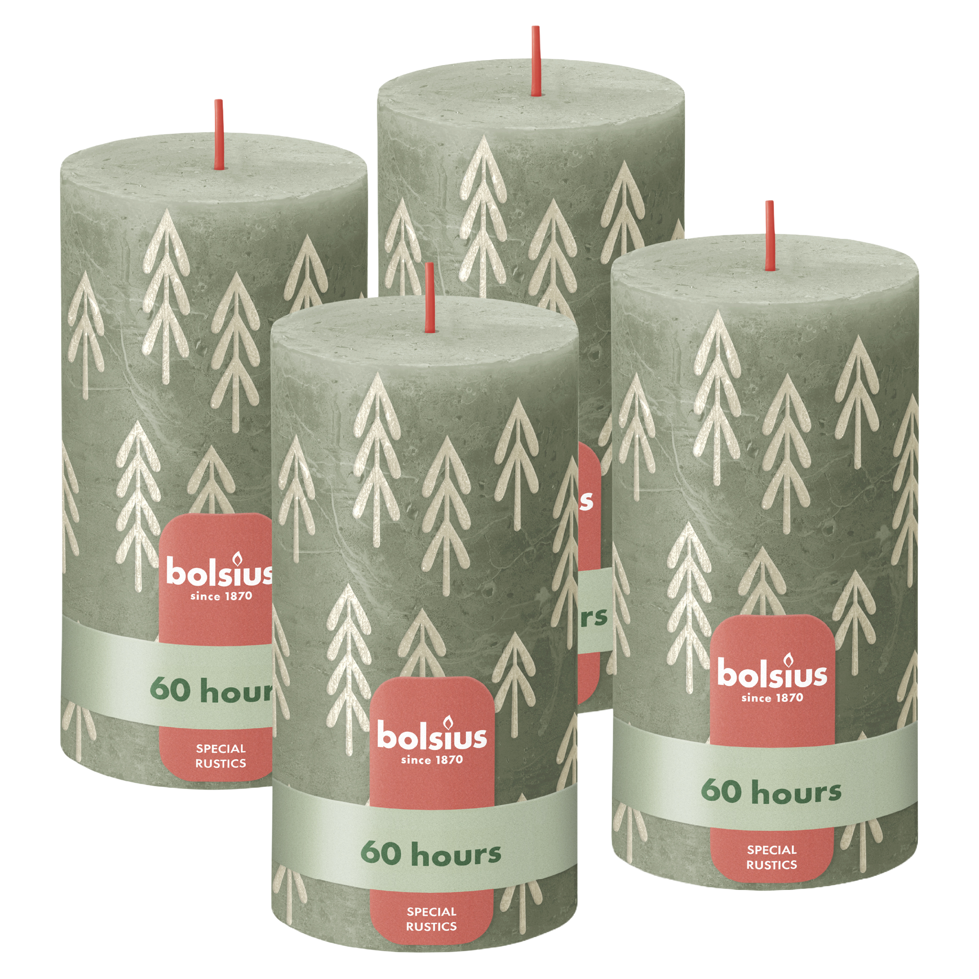 Bolsius - Rustieke kaars - 4 Stuks - Groen met print - 13cm - Kerst patroon