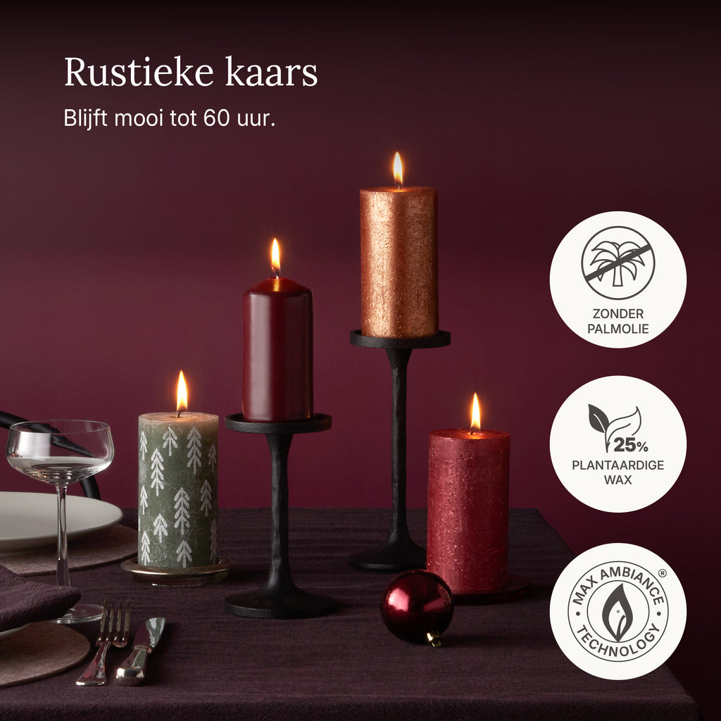 Bolsius - Rustieke kaars - 4 Stuks - Groen met print - 13cm - Kerst patroon