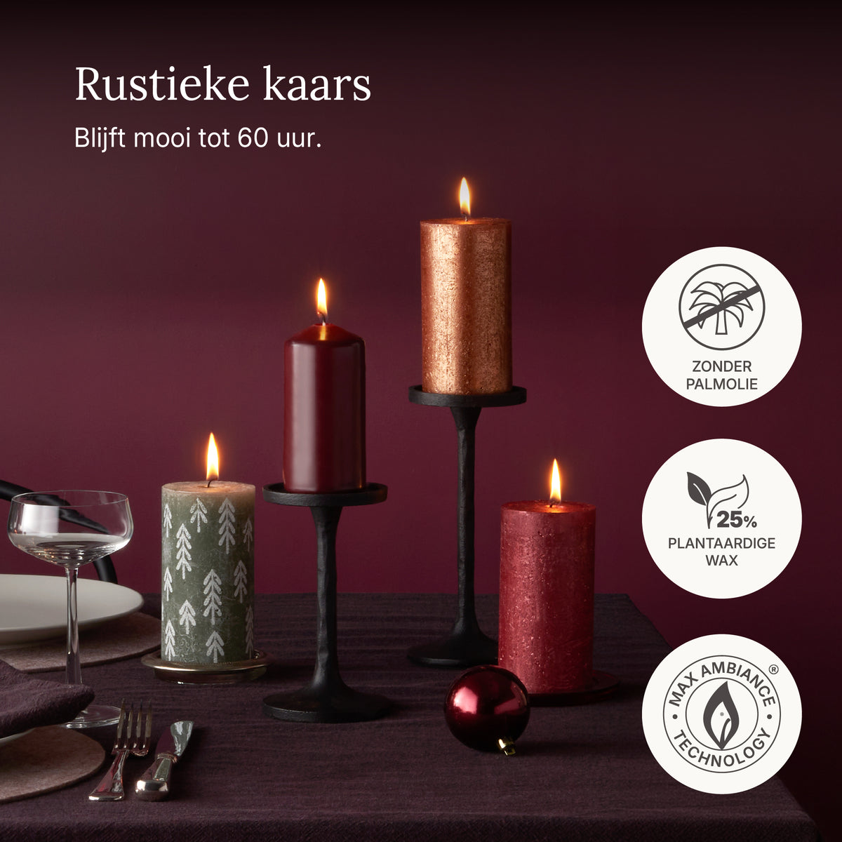 Bolsius - Rustieke kaars - 4 Stuks - Groen met print - 13cm - Kerst patroon