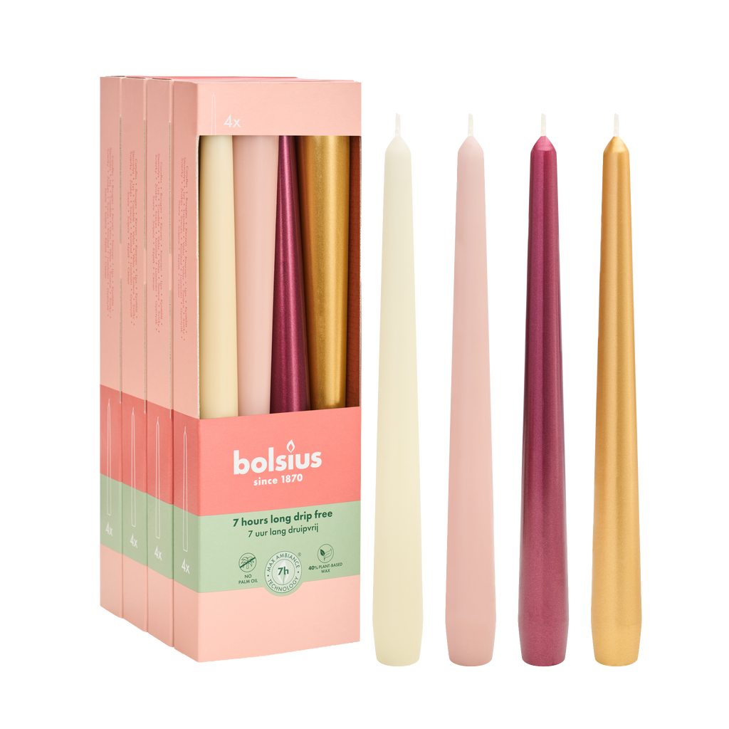 Bolsius Dinerkaarsen Set - 16 stuks - Haptic Luxury - Ivoor - Roze - Rood - Goud - 7 Branduren