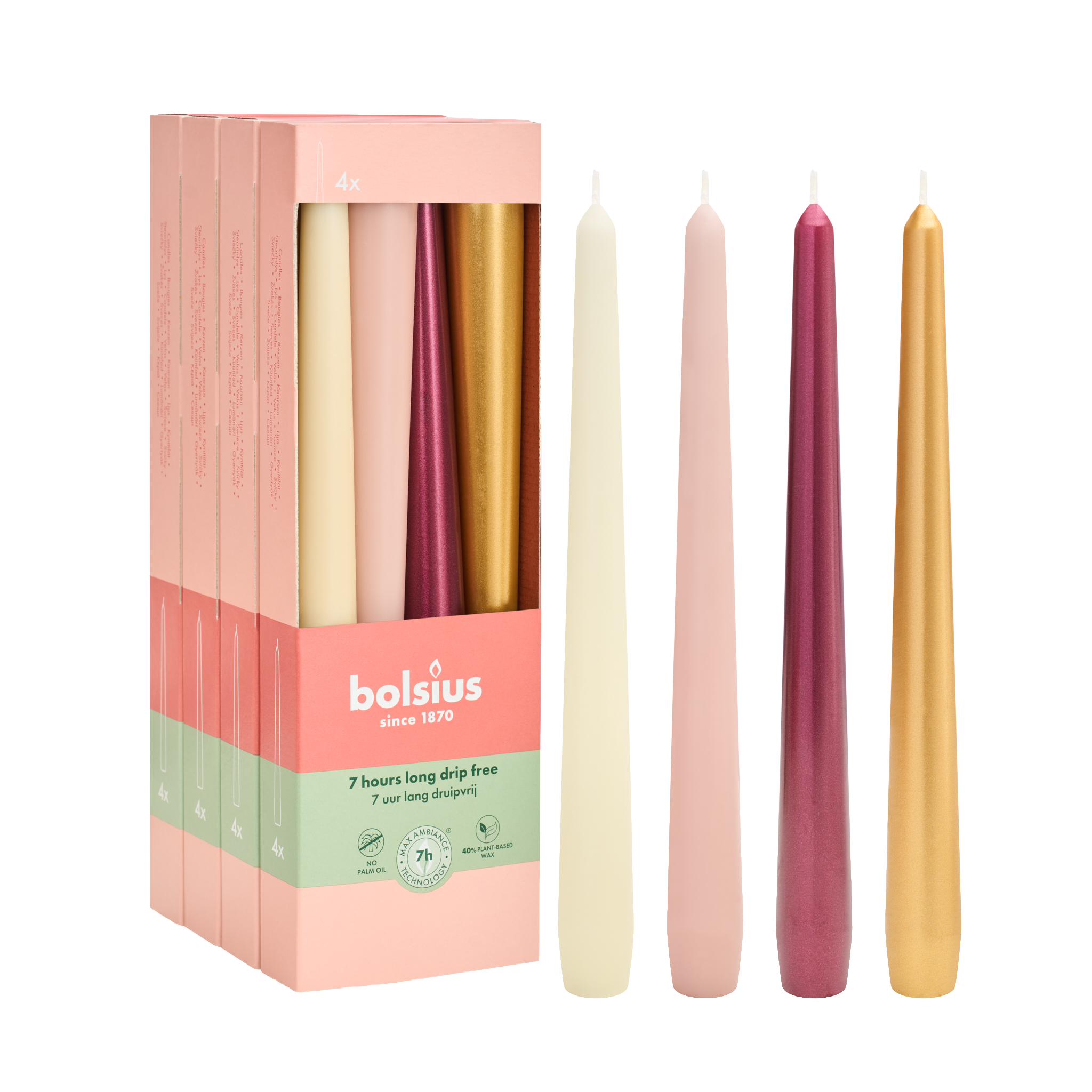 Bolsius Dinerkaarsen Set - 16 stuks - Haptic Luxury - Ivoor - Roze - Rood - Goud - 7 Branduren