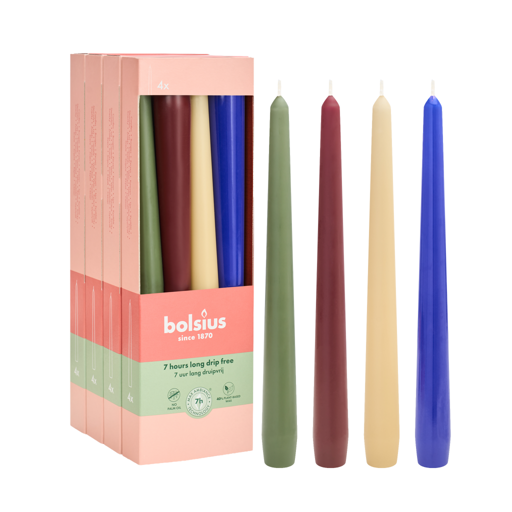 Bolsius - Dinerkaarsen Set - 16 stuks - Playful Class - Rood - Wit - Blauw - Groen - 7 branduren