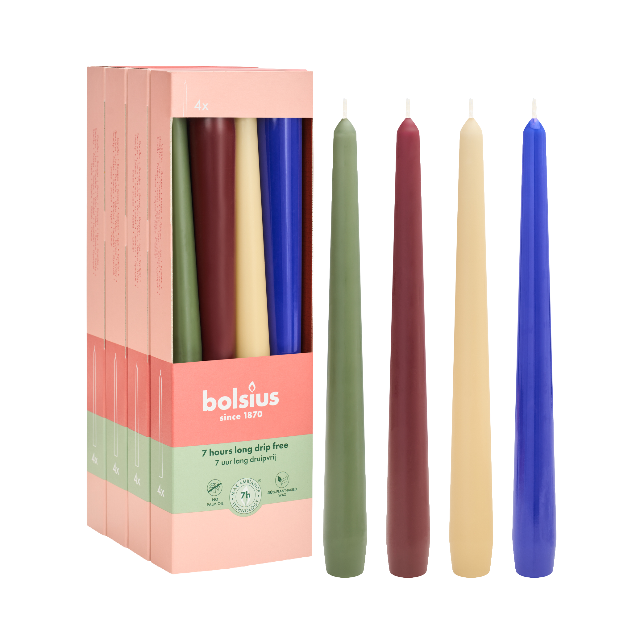 Bolsius - Dinerkaarsen Set - 16 stuks - Playful Class - Rood - Wit - Blauw - Groen - 7 branduren