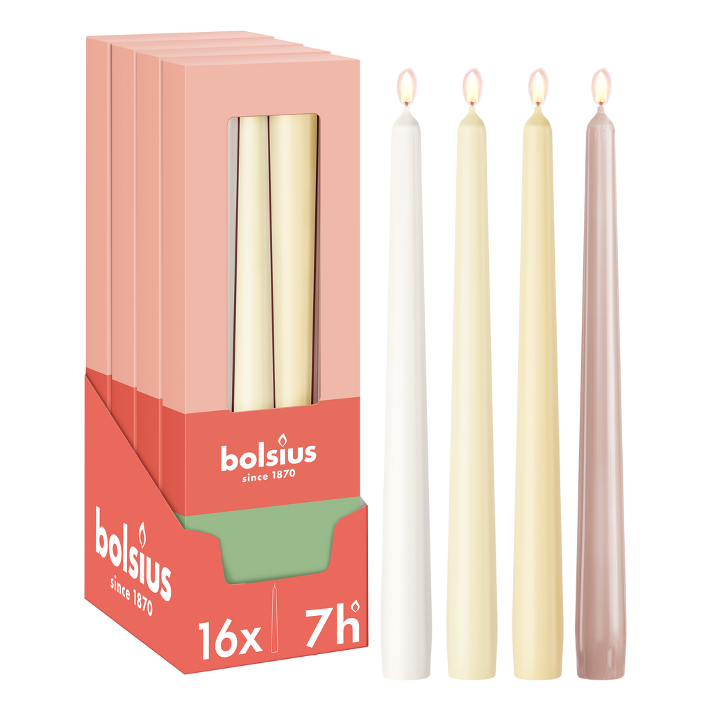 Bolsius - Dinerkaarsen Set - 16 stuks - Natural Nude - Beige - Ivoor - Wit - Licht roze - 7 branduren