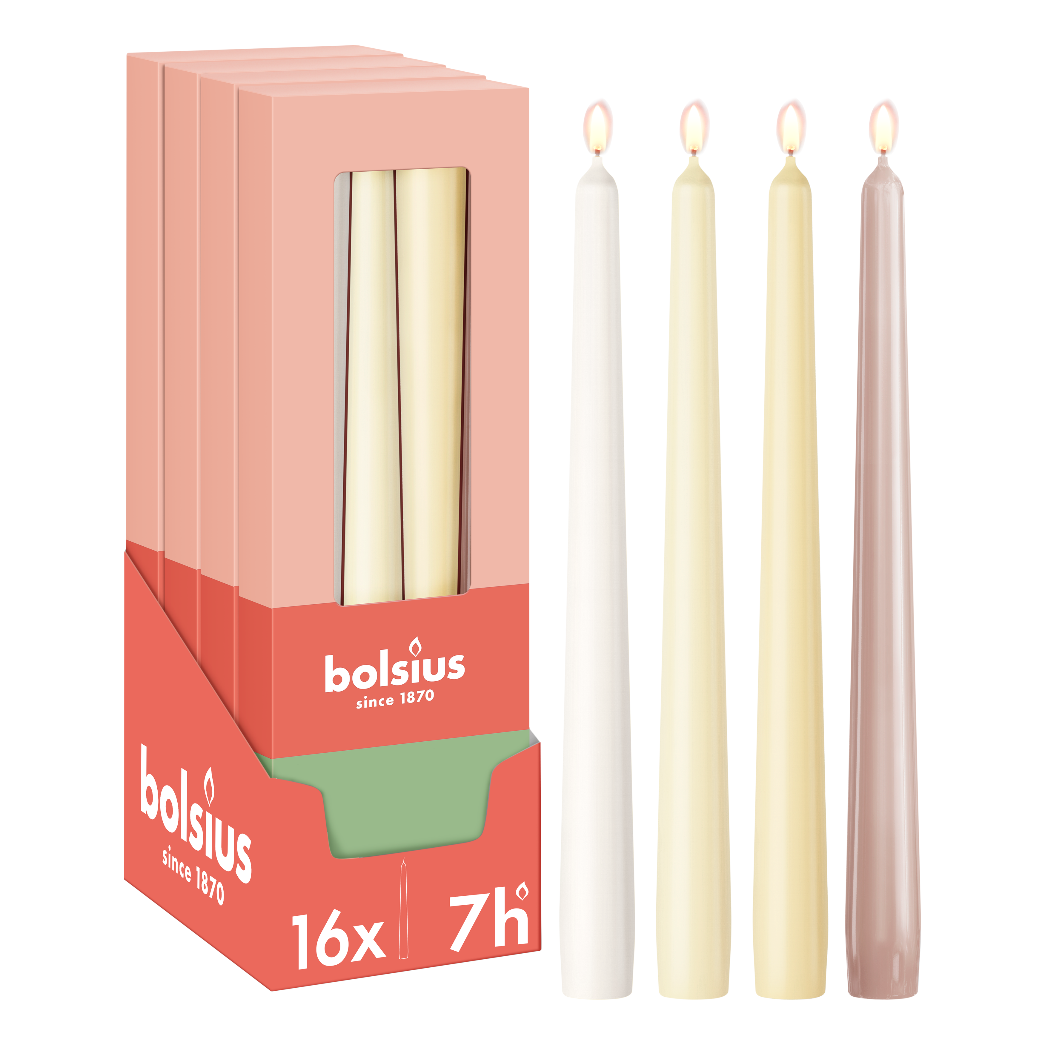 Bolsius - Dinerkaarsen Set - 16 stuks - Natural Nude - Beige - Ivoor - Wit - Licht roze - 7 branduren