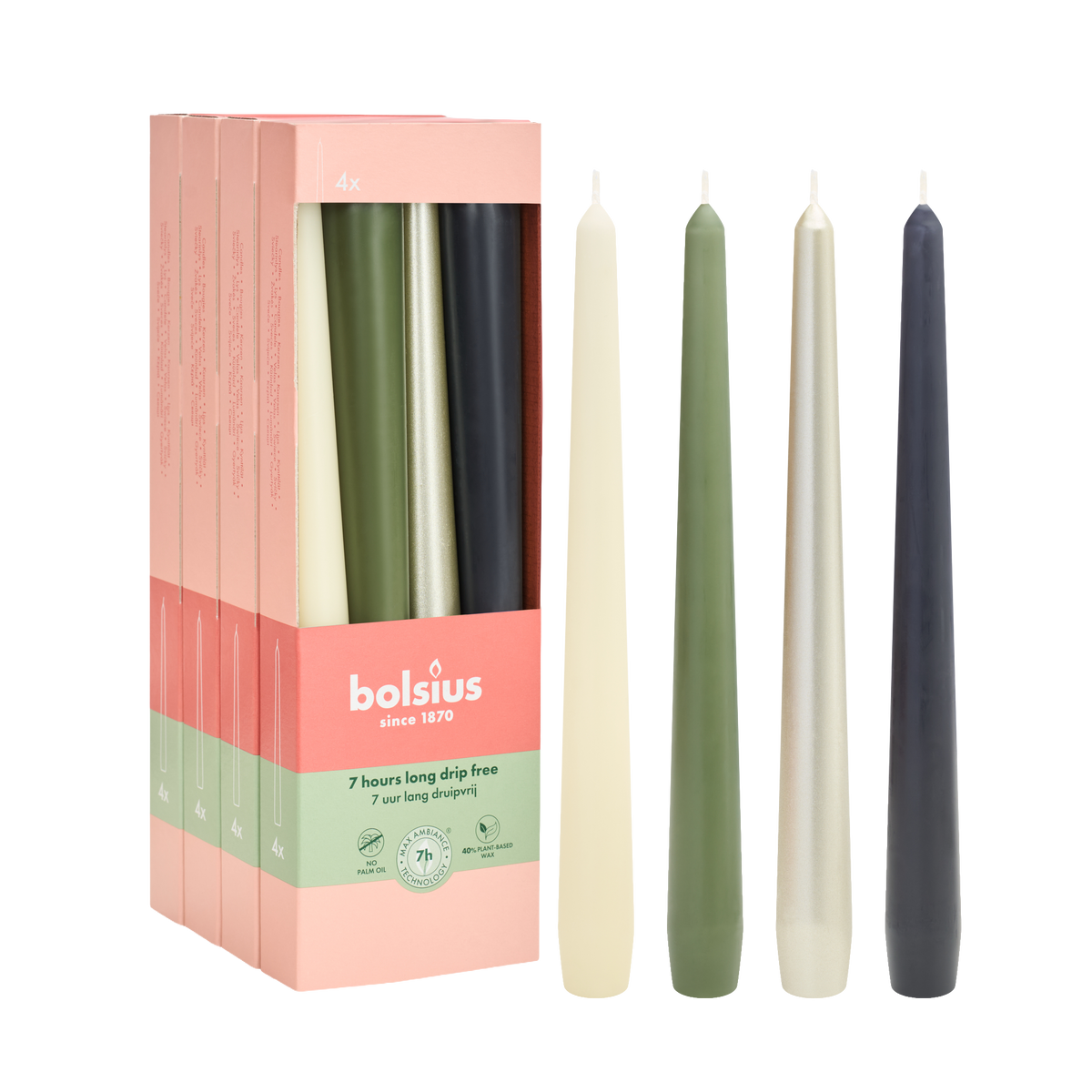 Bolsius Dinerkaarsen Set - 16 stuks - Nature - Metallic zilver - Ivoor - Groen - Grijs - 7 Branduren