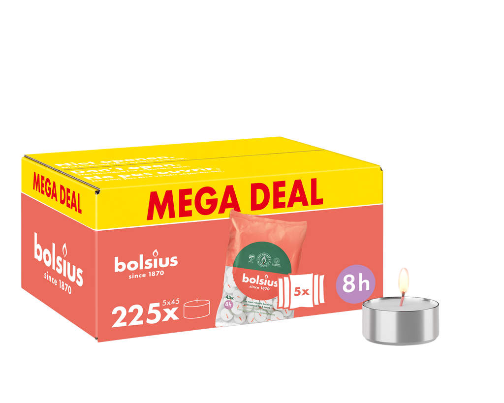 Bolsius - Grootverpakking Waxinelichtjes - 225 Stuks - Theelichtjes - Wit - 8 branduren - Duurzamere Theelichten