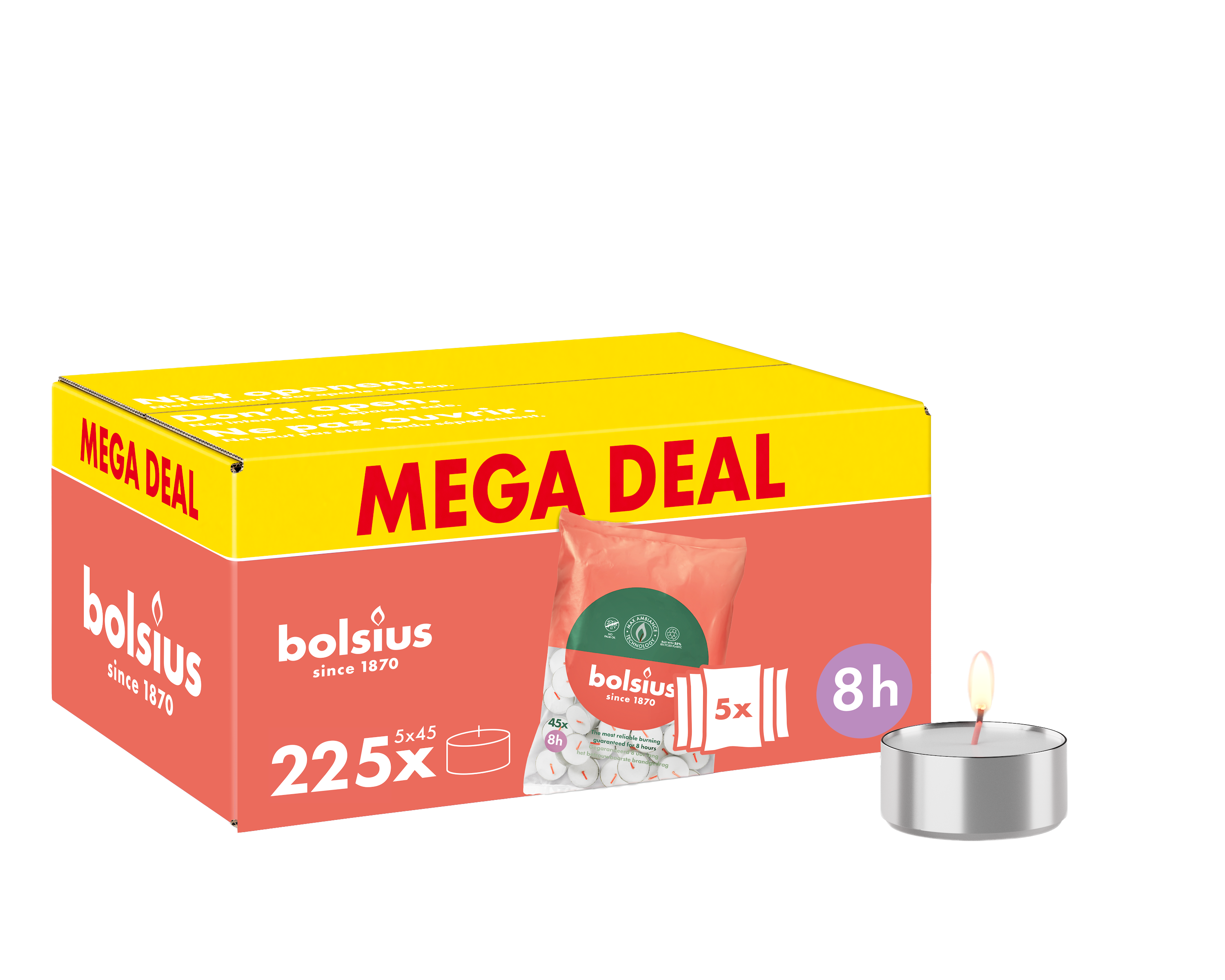 Bolsius - Grootverpakking Waxinelichtjes - 225 Stuks - Theelichtjes - Wit - 8 branduren - Duurzamere Theelichten