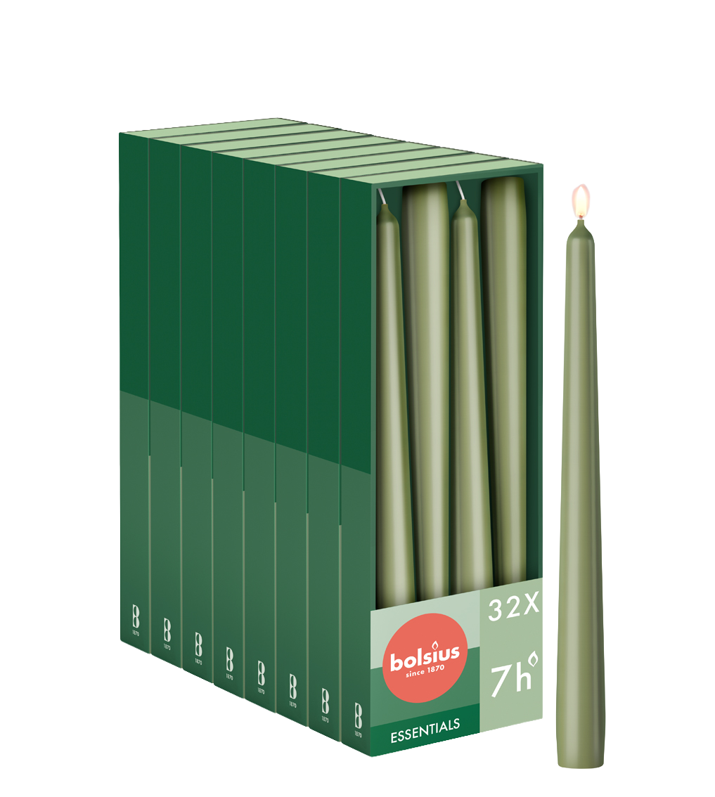 Bolsius - Gladde Dinerkaarsen - 24,5 cm - 32 stuks - Olijfgroen
