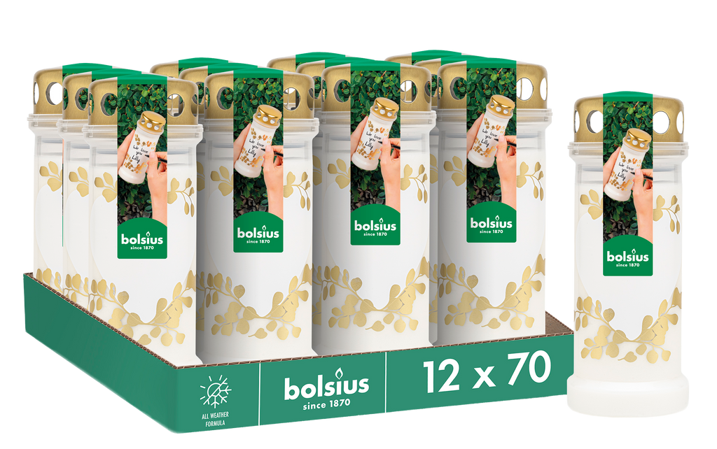 Bolsius - Herdenkingslicht - Wit met Gouden Hartjes Print - 12 stuks - 70 branduren - 3 Dagen