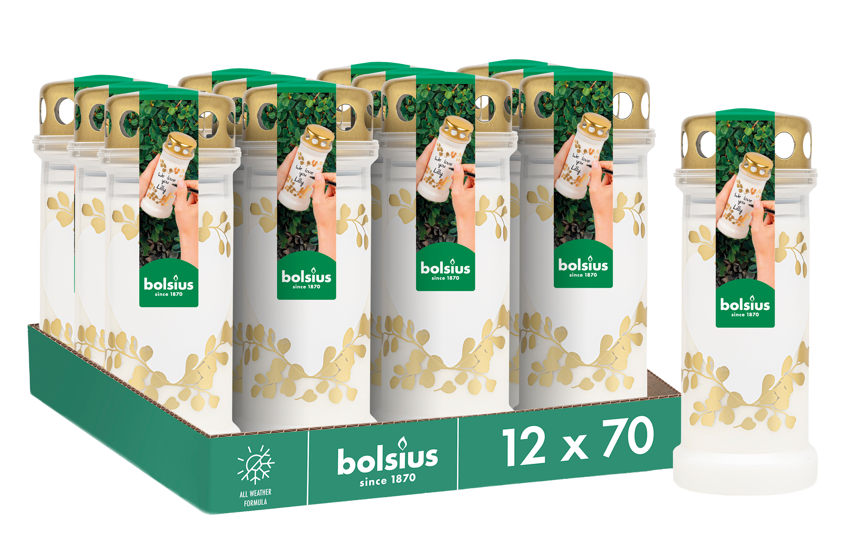 Bolsius - Herdenkingslicht - Wit met Gouden Hartjes Print - 12 stuks - 70 branduren - 3 Dagen
