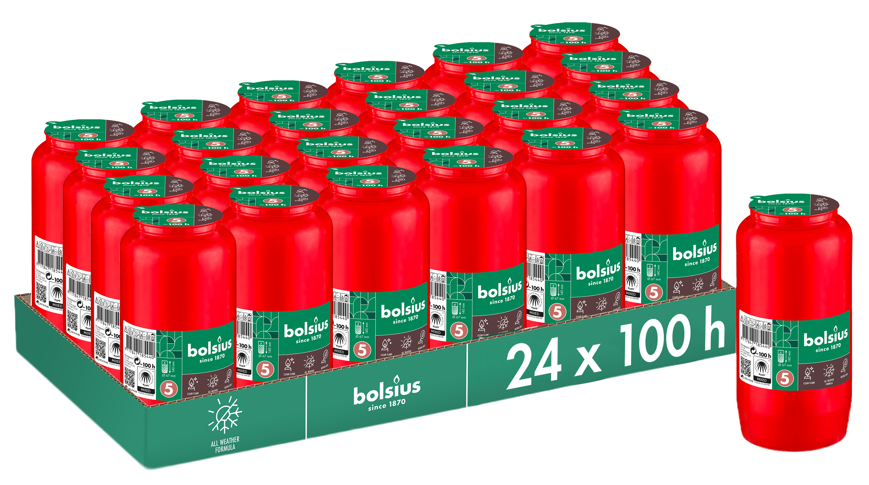 Bolsius - Herdenkingslicht - Rood - 24 stuks - 100 Branduren - 4 Dagen