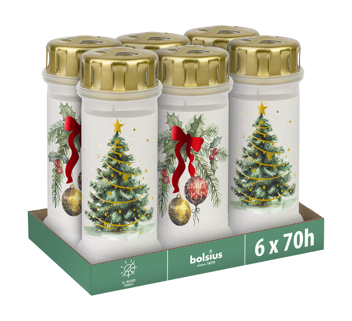Bolsius - Herdenkingslicht - Wit met Kerst Print - 6 stuks - 70 Branduren