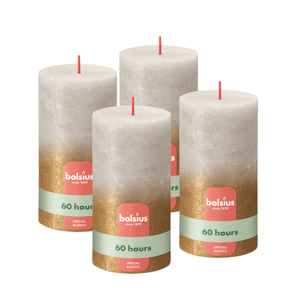 Bolsius - Rustieke kaars - Lichtgrijs & Goud - 13cm - 4 Stuks - Fading Metallic